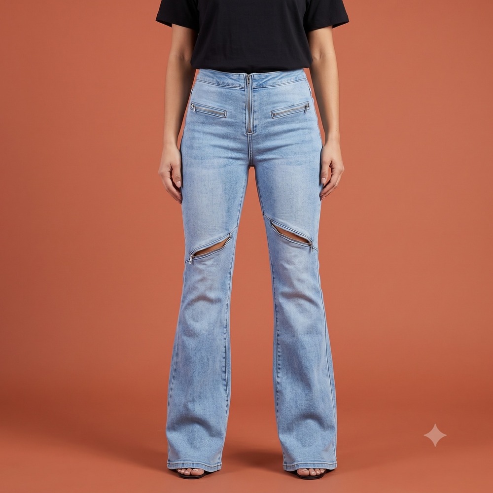 Fashion Nova Zipper Detail Flare Jeans Womens Light Wash High Rise Denim EUC